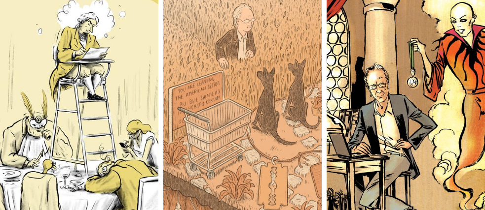 Collage mit drei kolorierten Zeichnungen aus Graphic Novels.