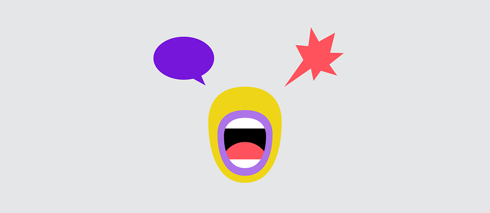 A mouth with one round and one jagged speech bubble