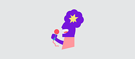 Illustration: A person calls into a microphone and has a thought bubble on his head, which is filled by a star