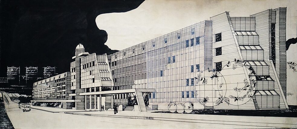 Plan des Gebäudekomplexes der Staatlichen Universität Kemerowo: Hauptgebäude, Perspektive | А. I. Klimow, О. G. Razhew, 1978 bis 1982 