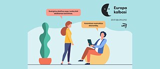 Das Bild zum Projekt „Europa spricht“ zeigt einen Mann und eine Frau und die Sprechbalsen mit den Fragen.