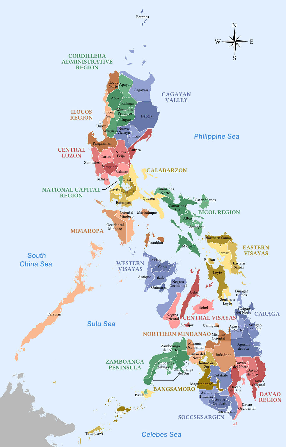 Eine Karte der verschiedenen Regionen und Provinzen der Philippinen. 