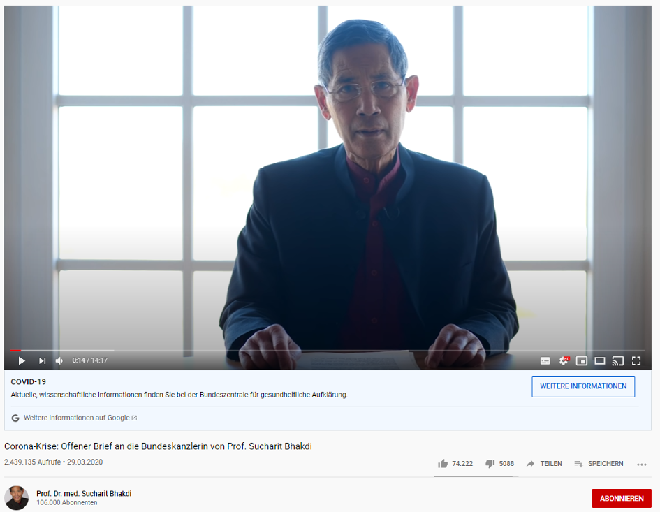 Screenshot din videoclipul YouTube „Criza corona: Scrisoare deschisă către cancelarul Germaniei din partea prof. Sucharit Bhakdi”