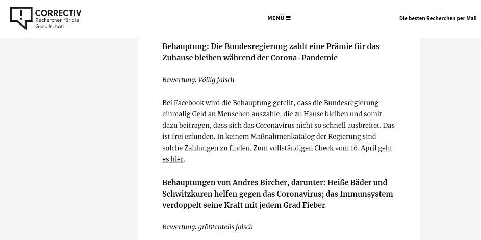 Screenshot de pe site-ul web de verificare a informațiilor CORRECTIV