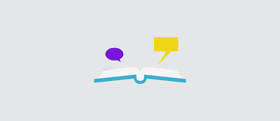 Illustration: two speech bubbles above a book