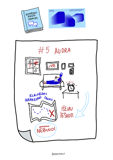 Illustration, die die Geschichte eines/r der Teilnehmer*innen des Worshops „Suche nach Ortsidentität in Klaipėda“ widerspiegelt
