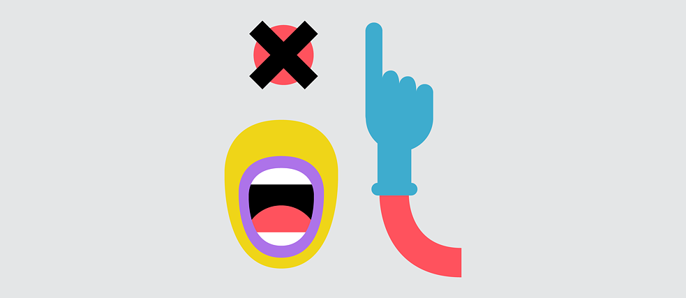 Illustration: open mouth under a disc with a cross above it; to the right an arm with a finger pointing upwards