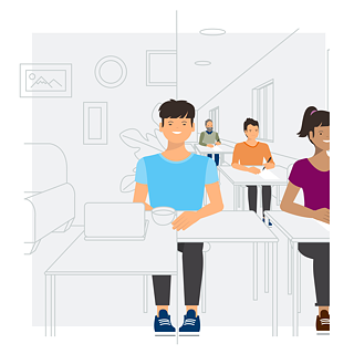 Illustration: Klassenzimmer, Mann sitzt am Tisch, Laptop und Tasse stehen auf dem Tisch.