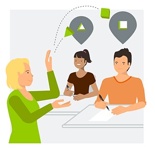 Illustration:  Kursleiterin wirft Teilnehmenden passende Lösung zu.