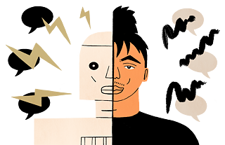 Eine schwarze und eine weiße Person vor orangefarbenem Hintergrund, auf dem die englischen Pronomen "they", "them", "sier" und "xier" zu lesen sind.