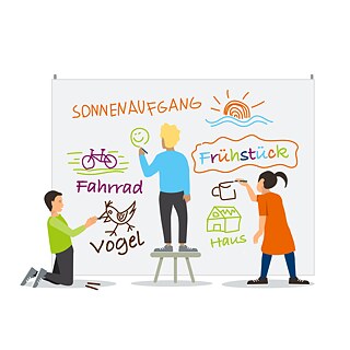 Illustration:  Kinder zeichnen und schreiben an eine Tafel.