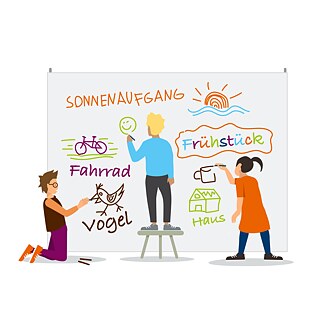 Illustration:  Kinder zeichnen und schreiben an eine Tafel.