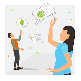 Illustration:  Fröhliche Lernende greifen nach Büchern, Sprechblasen und einer Deutschlandkarte, die durch die Luft fliegen.