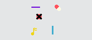 Иллюстрация: несколько небольших цветных элементов - желтая нота, красный круг с черным крестом, фиолетовая горизонтальная полоса, синяя вертикальная полоса , бело-красная таблетка