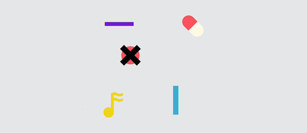 插圖：一些小的彩色元素 – 黃色音符、紅色原點上有個黑色十字、 紫色水平線條、藍色垂直線條、白紅色藥丸
