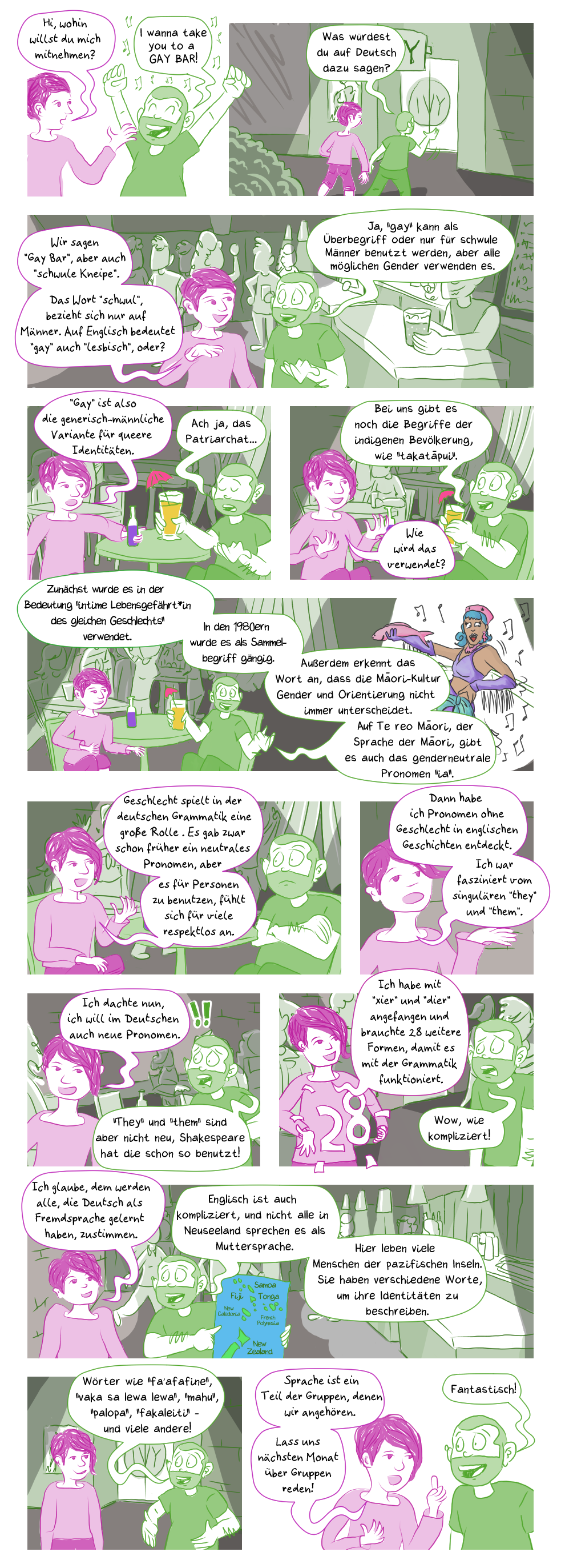 visuelles Comic: Queere Comic Konversation: August - Labels, rein text-basiertes Comic folgt nach den Anmerkungen