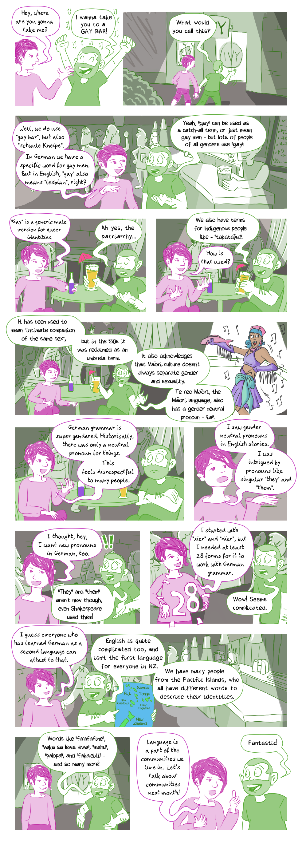 visual comic: Queer Comic Conversation - August: Labels, scroll down for text-based comic (after annotations)
