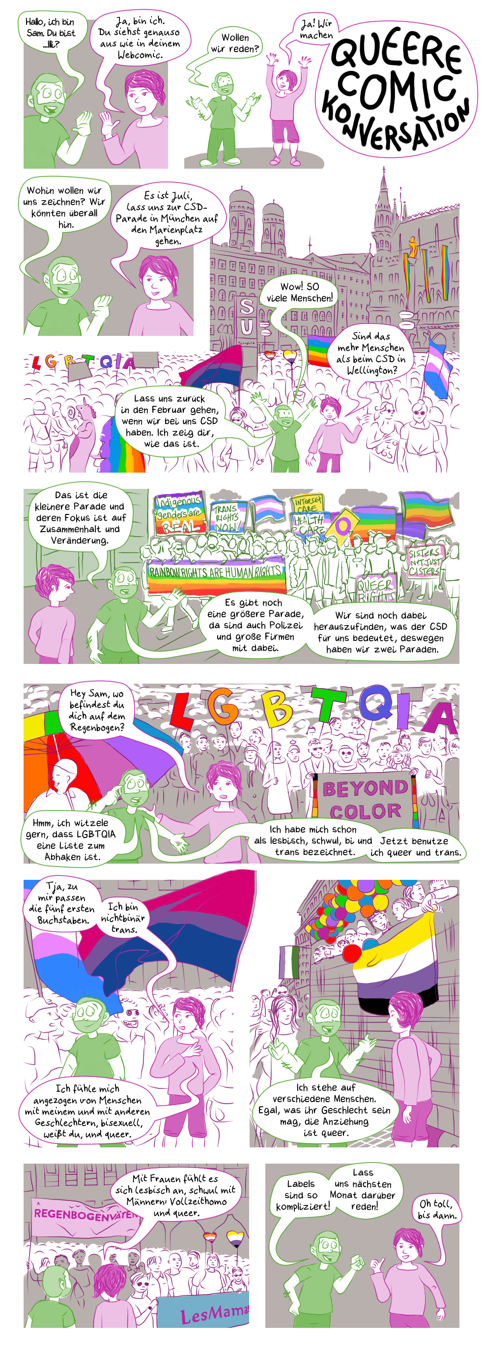visuelles Comic: Queere Comic Konversation: Juli - CSD Parade, rein text-basiertes Comic folgt nach den Anmerkungen