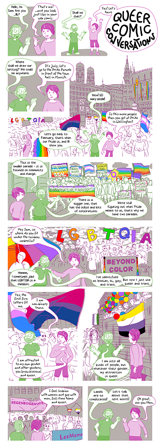 visual comic: Queer Comic Conversation - July: Pride Parade, scroll down for text-based comic (after annotations)