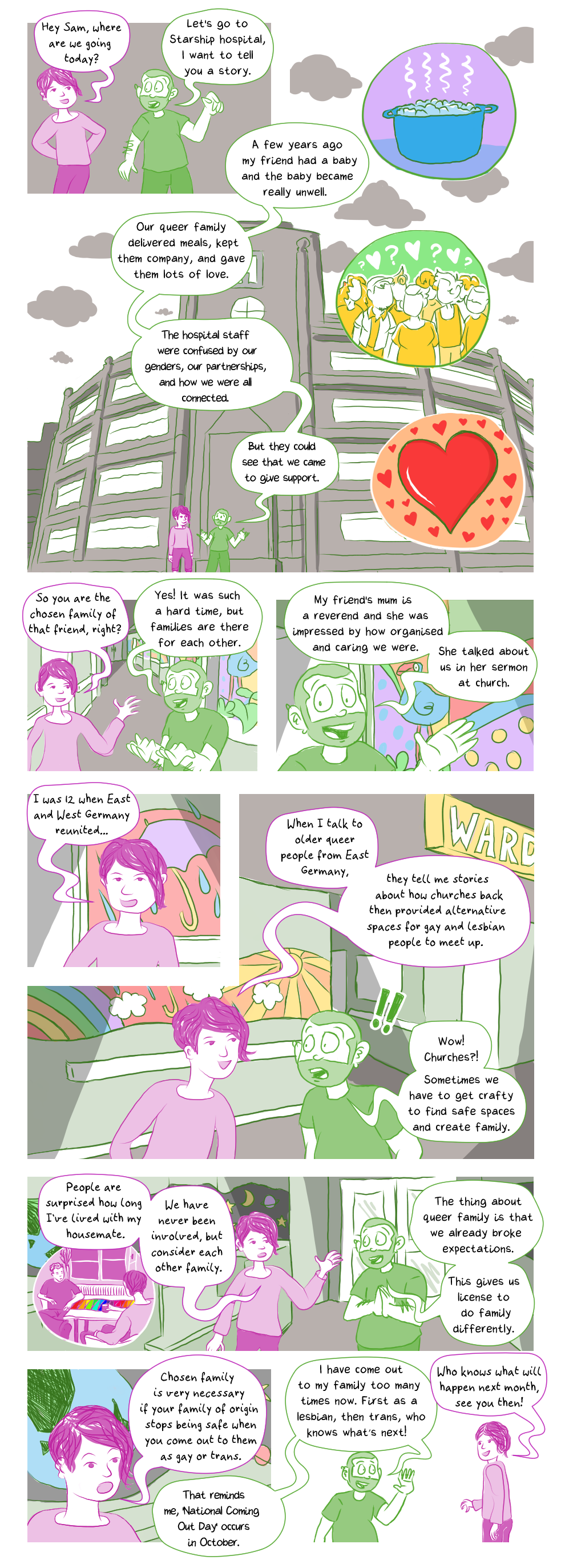 visual comic: Queer Comic Conversation: October - Chosen Family, scroll down for text-based comic (after annotations)