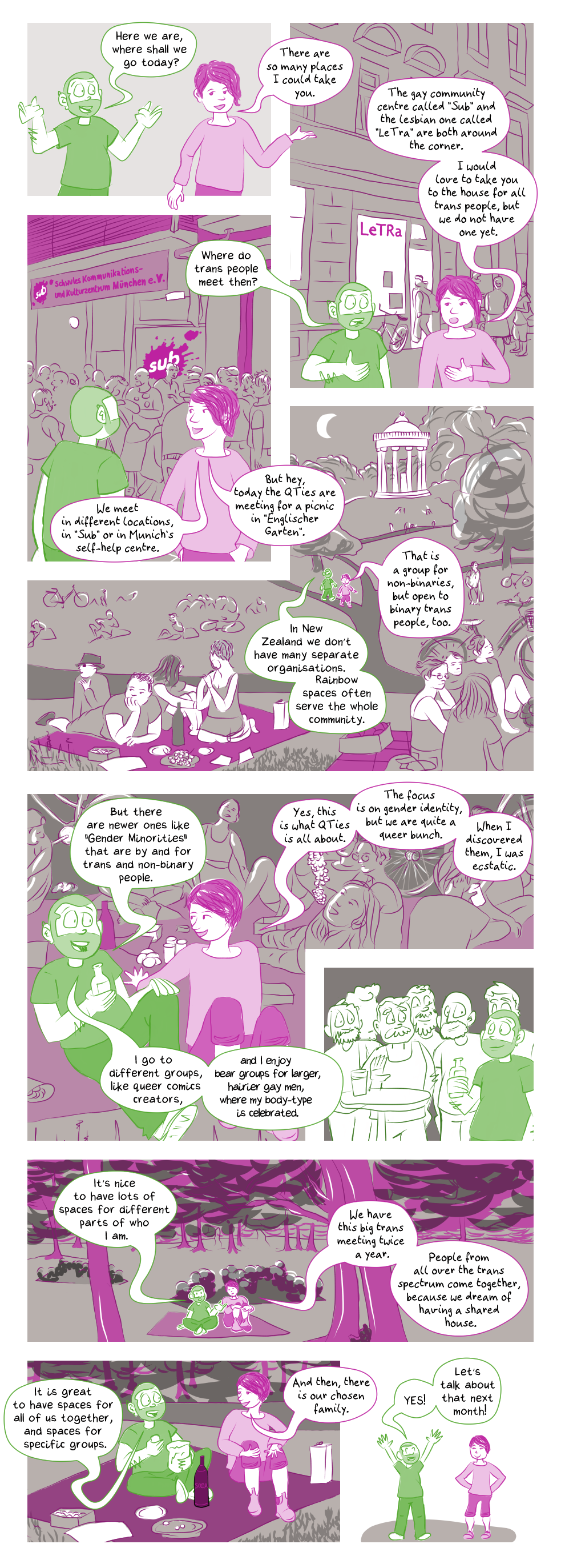 visual comic: Queer Comic Conversation - September: Spaces, scroll down for text-based comic (after annotations)