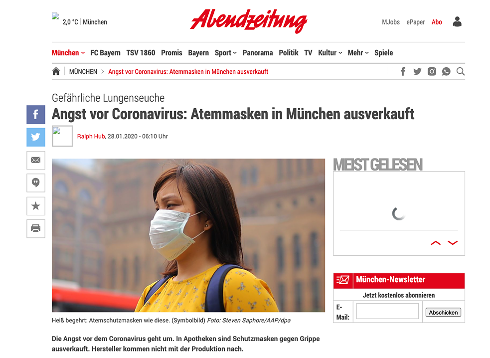 unter dem Titel "Angst vor Coronavirus: Atemmasken in München ausverkauft" ist ein asiatisches Gesicht auf dem Foto zu sehen.