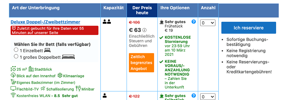 Screenshot: Booking.com "Deluxe Doppelzimmer heute nur für 63 Euro statt 106 Euro"