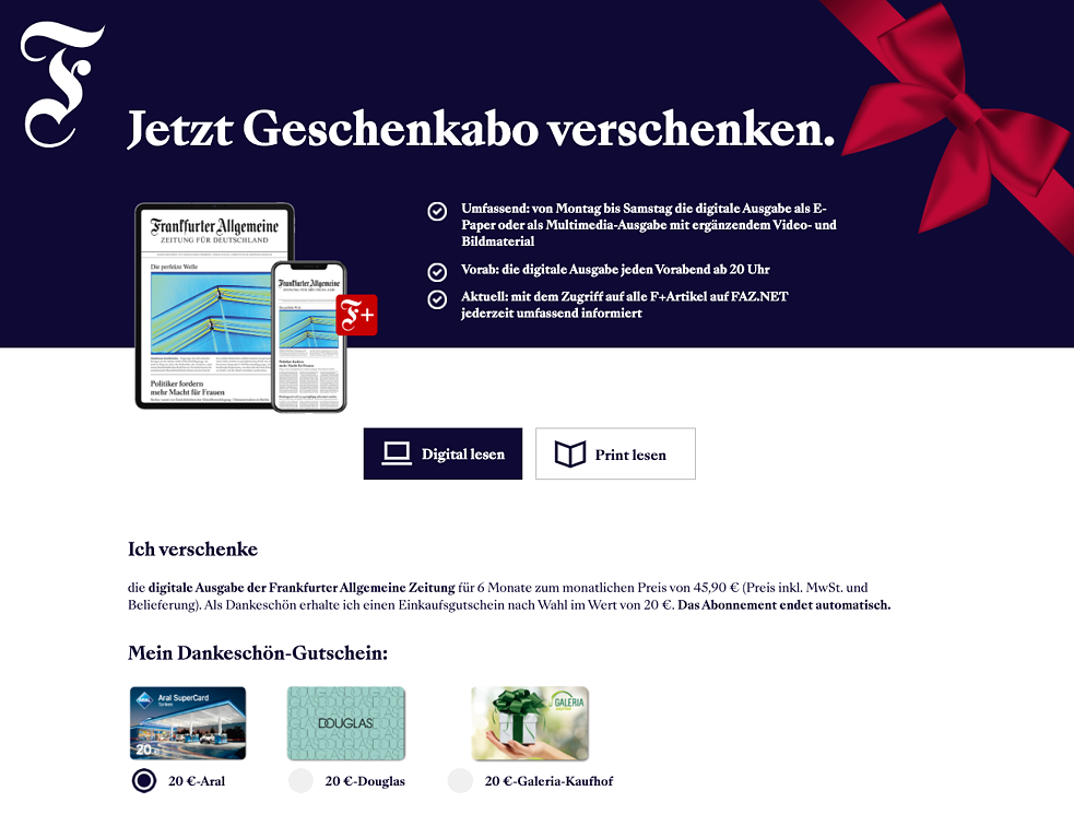 Screenshot: Frankfurter Allgemeine Zeitung. Der User erhält bei Kauf eines Geschenk-Abos ein Dankeschön-Gutschein.