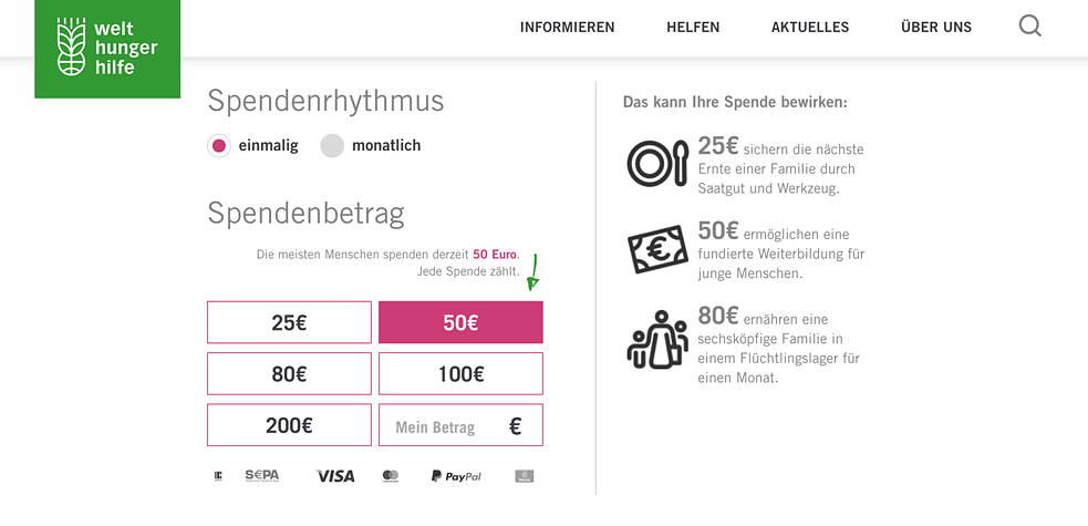 Beim Spendenkategorie wird 50 Euro als die meisten verwendet angezeigt