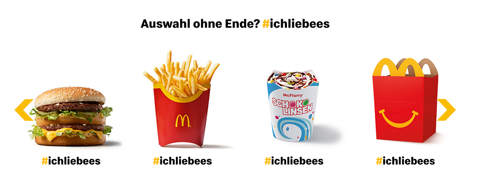 Screenshot: McDonald's "#ichliebees". Unter jedem Produkt wird der Slogan von McDonald's wiederholt.
