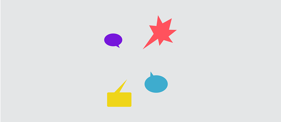 Illustration: four differently shaped and colored speech bubbles